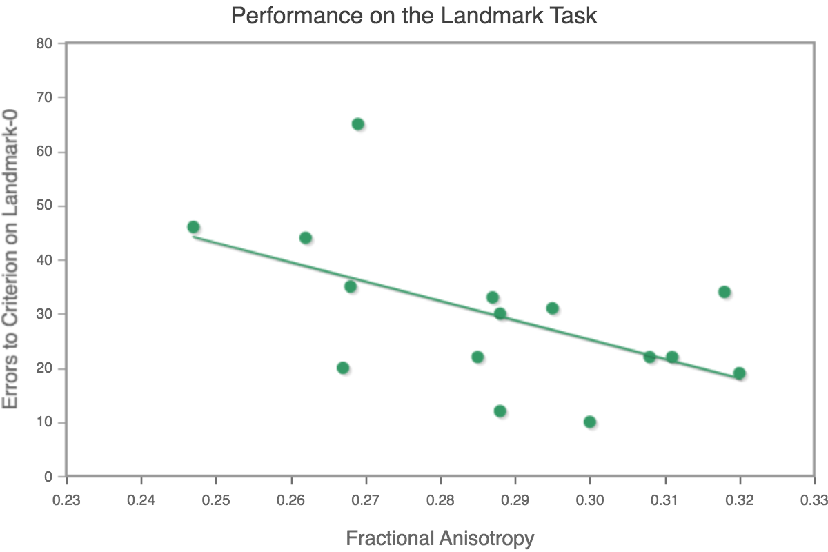 Graph showing landmark allocentric learning improves with increased myelination in one year old beagle dogs